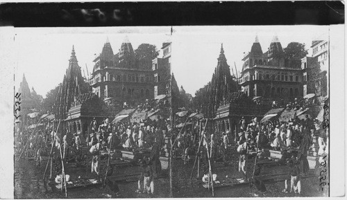 Pilgrims Bathing in the Sacred Ganges before the Temple in Benares, the Religious Center of India