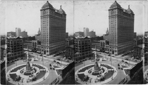 S.W. from Lafayette Theatre Bldg . to Lafayette Square, Monument to Civil War Veteran) Liberty Bank of Buffalo is the large Bldg. - Main St. & Clinton St. are on this Square, Buffalo, N.Y