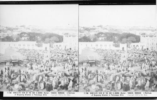 Inscribed in recto: 17,708. BIRD’S-EYE VIEW OF THE SOK EL-BARRA (Market), TANGIER, MOROCCO. A Multitude of Bargaining Orientals in Picturesque Attire. Copyright 1912 by Geo. Rose