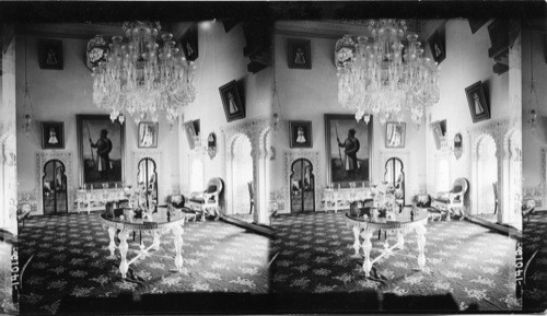 Drawing room in the Royal Palace showing cut glass table and silver chairs, Udaipur, India