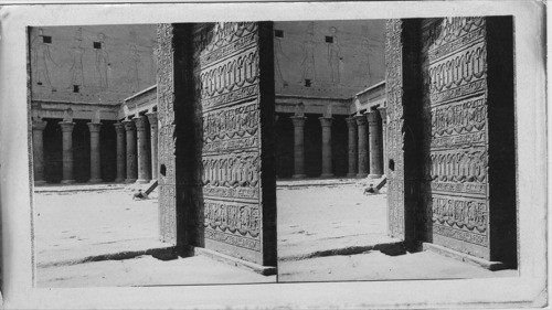Colonnade on Court of Temple of Horus at Edfu looking toward East Twoer of Pylon, Egypt