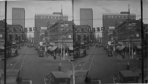 N.W. on Main St. from 10th & Main St., to Court House in distance, at right close up of Texas Hotel Bldg. Fort Worth, Texas. N.W. on Main St., from 10th, courthouse in distance, Texas Hotel near at right, Fort Worth, Texas