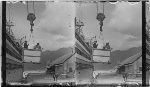 Mrs. Harding being lifted to top deck by special elevator. Cordova. Alaska