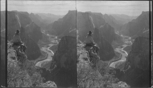 South a little west from end of Observation Point to Zion Canyon. We see the curving of Virgin River. In the foreground in the shadow is Angels Landing. The highest round peak like is the Sentinel. At extreme left we see the White Throne. Next a high plateau is the East Temple. Next Temple of the Sun. Next the Watchman. Next Castle Crags and back in far horizon the Smithsonian Buttes. Utah