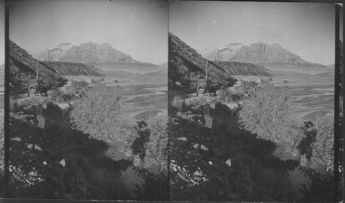 Entrance to Zion as seen from highway 12 miles before reaching Lodge. Virgin River at our right. Utah