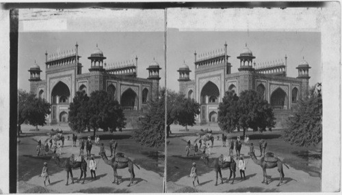 Camel drivers waiting at S. E. side of gateway to the famous Taj Mahal, Agra. India