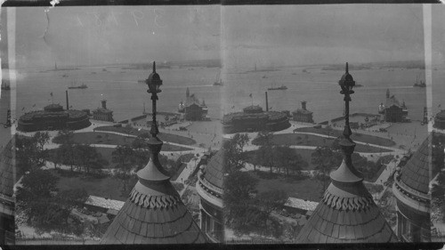 Battery - Showing Aquarium, Statue of Liberty, Ellis Island from Washington Bldg. Broadway and Bowling Green. N.Y