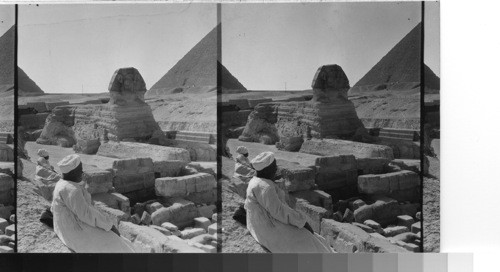 The Sphinx and Cheops from the temple of Khefren. Giza, Egypt