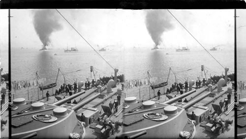 Some of the foreign & American warships seen from the bridge of the Flagship Connecticut, Jamestown Naval Review. VA