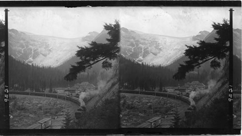 Glacier station and snow sheds near Rogers Pass. C.P. Ry., Selkirk Mts., B.C. Canada. Glacier Park