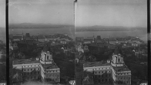 Looking East from 14th Story of Chateau Frontenac, Showing Quebec Harbor, Laval University & P.O. Bldg. in Foreground, Canada