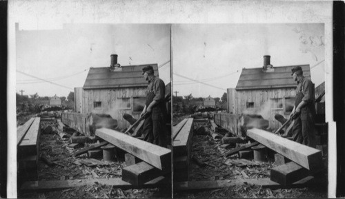 Steam box for softening timber to form hull, Shipyard. Portland, Maine