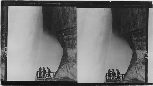 Looking into the Cave of the Winds beneath the Luna Falls, N.Y