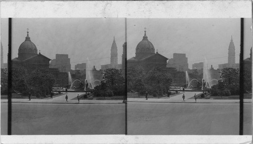 South from Parkway near new Public Library looking to Logan Square. At left we see the Catholic Cathedral at right the tower of the City Hall. Philadelphia, Pa