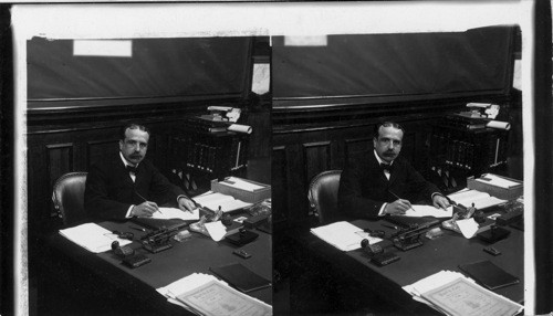 President Jose Pardo, Chief Magistrate of the Republic, at his desk in the Palace. Lima, Peru