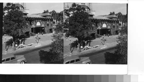 Puerto Rico - Ponce: The Parque de Bombas of Ponce on the southern coast of P.R. is as famous in tis [its] own way as the El Morro of San Juan. Now the main fire station of the second city of the Island, this red and black striped wooden building has been in existence since 1883. In 1899 when it was the only firehouse in Ponce and its men were volunteers, its engines and men rushed out to save the city of Ponce from destruction when an ammunition dump in the camp of the American Forces blew up. Today it houses modern equipment and has a trained personnel. Sawders 1949