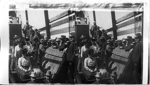 The Presidential Party descending the 3,000-foot shaft into the Congress Gold Mine. Phoenix, Arizona. U.S. [Pres. McKinley 4th from right] CJK