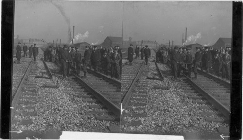 Laying the Last Rail, the 130lb Heavy Duty Rail Going into Place, Pennsylvania R.R. from Chicago to New York