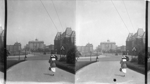 Government Street (left to right) post office, Belmont Building, Union Club, C.P.R. Empress Hotel. Canada