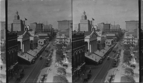 From roof of Lafayette Hotel at corner of St. Charles & South St., looking N.E. on St. Charles St. City Hall at left, Lafayette at right, New Orleans, La. [Liberty Oil Company, Sanders St. Charles Theatre "Liberty Pep a better gasoline"]