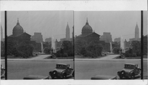 South from Parkway near new Public Library looking to Logan Square. At left we see the Catholic Cathedral at right the tower of the City Hall. Philadelphia, Pa