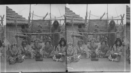 Ainu men, the aborigines of Japan, in feast attire, Island of Yezo