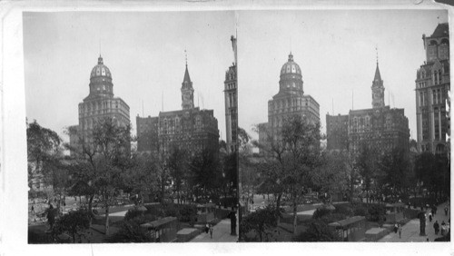 The "World" and "Tribune" Bldgs. - Newspaper Row Eastward from city Hall Park, N.Y