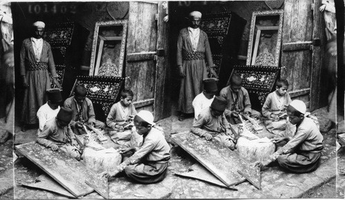 Crude makers of beautiful goods - making the famous inlaid pearl work, Damascus, Syria