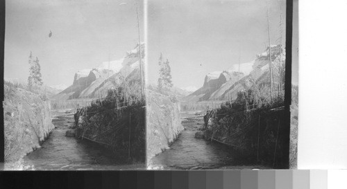 Bridge over Marlin Canyon and Fairholme Range, Rocky Mountain Park. Canada. Alta