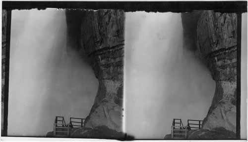 Looking into the Cave of the Minds beneath Luna Falls. Niagara, N.Y