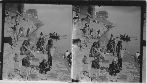 Long-haired, Ash-besmeared Fakins on the Banks of the Ganges Benares India