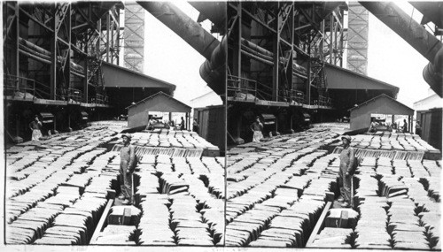 A yard of copper plates, 14,000 tons in view ready for shipment. Interior Smelter Camp, Arizona