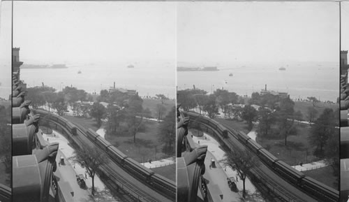S. from roof of Custom House, showing lower end of elevated roads. Railroad Stations, City