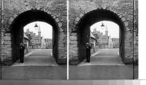 Looking through the old Porte D'Ostende in the old city wall, Bruges, Belgium