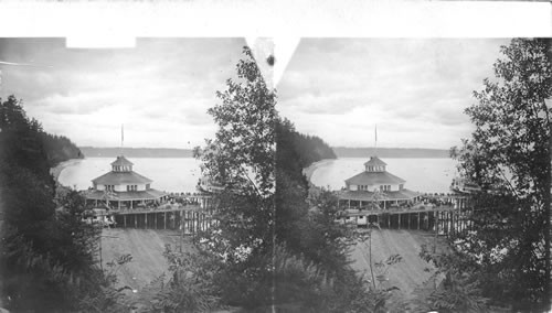 Pavilion and beach at Port Defiance Park. Mt. Rainier. Washington