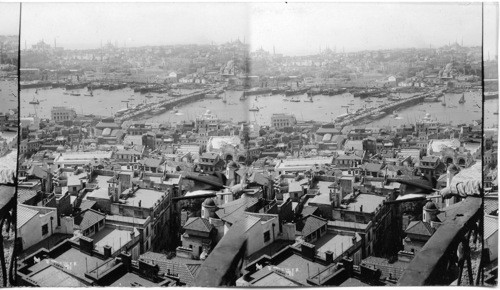 Bridge - spanned Golden Horn and Stamboul’s mosque. S. from Galata. Turkey