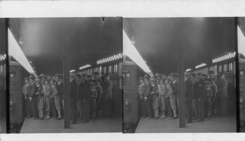 N.Y. City school Children taking train of the Interborough Rapid Transit at the subway station at Pilham Bay Parkway after a days outing