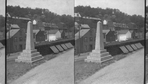 Location of John Brown's Fort looking west. Harper's Ferry, W. Va. Beyond the hills are the Bolivar Mountains, scene of battle