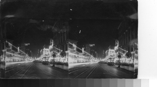 San Diego Calif. looking east on Broadway from First St. on a rainy night. Taken at time of Pan-Calif. Exp. [This is San. Fran. looking down Market St. to Ferry bldng in distance] CJK