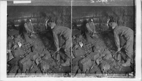 Coal strata and miner drilling for a blast in an Anthracite Mines, Scranton. Pennsylvania