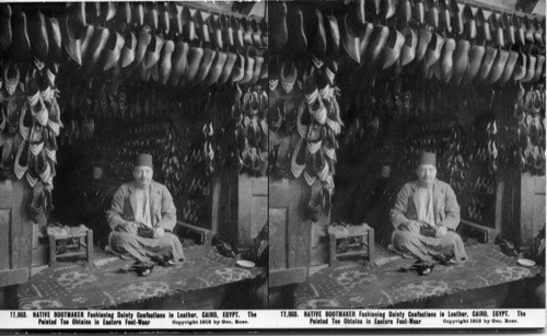 Inscribed in recto: 17,003. NATIVE BOOTMAKER Fashioning Dainty Confections in Leather, CAIRO, EGYPT. The Pointed Toe Obtains in Eastern Foot-Wear. Copyright 1912 by Geo. Rose