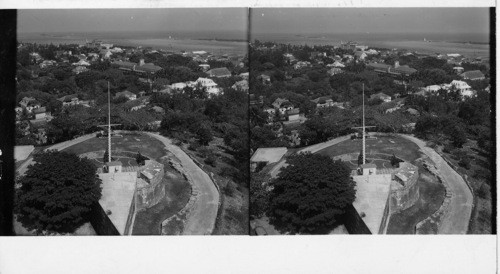 Nassau, The Bahamas. Fort Fincastle, on Bennett's Hill, overlooks the city and the harbor. It was built on its advantageous site in 1793. Like Fort Charlotte, it serves as a signal station. The design of this fort is interesting and unusual - its ramparts circular with guns trained in full sweep over the town and harbor and its triangular bastion rising like a ship's prow against possible attack from the rear. Sawders, 1949