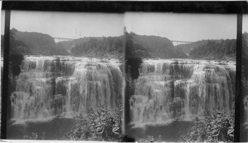 Genesee Falls? Middle Falls of Genesee with Erie R.R. Bridge in Distance, Portage, N.Y