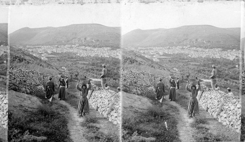 Shechem, and early center of Hebrew history - looking southwest from Mt. Ebal, Palestine