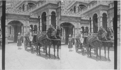 Lady Curzon and Aide-de-Camp - leaving Palace for drive. Simla India