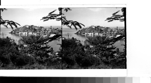 British West Indies - Island of Grenada - St. George: Looking across the harbor toward the downtown city and the fort at the mouth of the harbor. Sawders, 1949
