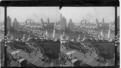 Looking North-West from German Building over the beautiful Cascades Gardens to Machinery Hall, Louisiana Purchase Exposition