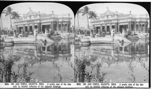 Inscribed in recto: 9020. THE JAIN TEMPLE, CALCUTTA, INDIA. A pretty view of the lake with its faithful reflection of the adjacent buildings