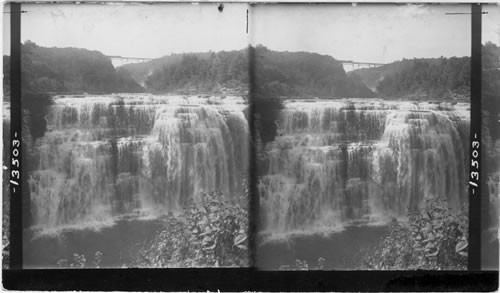 Beautiful Middle Falls of the Genesee with Erie Ry. Bridge in distance, Portage