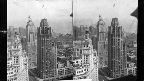 Title: Wrigley, Tribune and Temple Towers. Remarks: Not a good neg - but makes a fair slide. Mr. Winslow picked this for his set. Mr. Forkers says this should not be marked "good'. Cannot be reduced. Photographer: Dare Photographer's No. 208